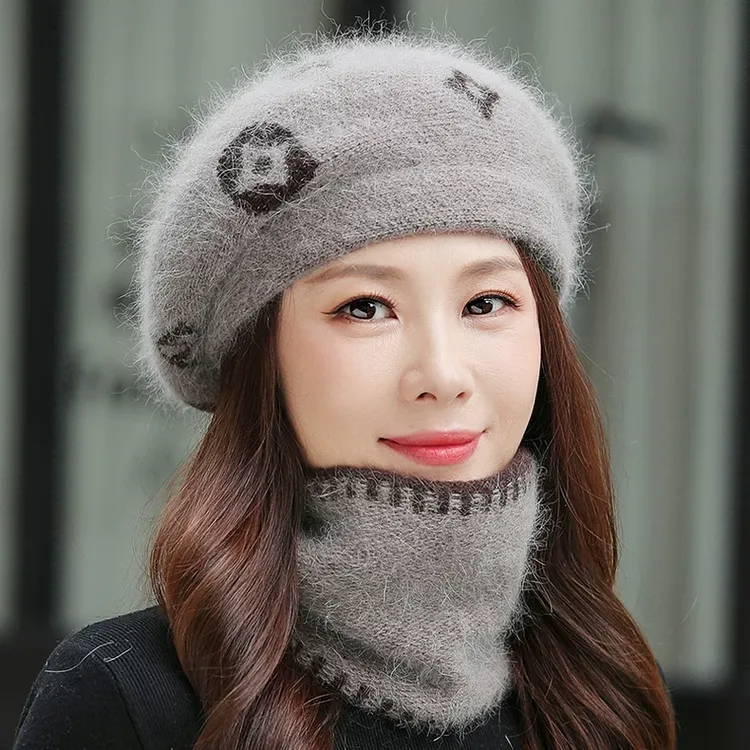 2025贝雷帽女士冬季新品针织毛线帽防寒洋气保暖围脖中老年妈妈帽