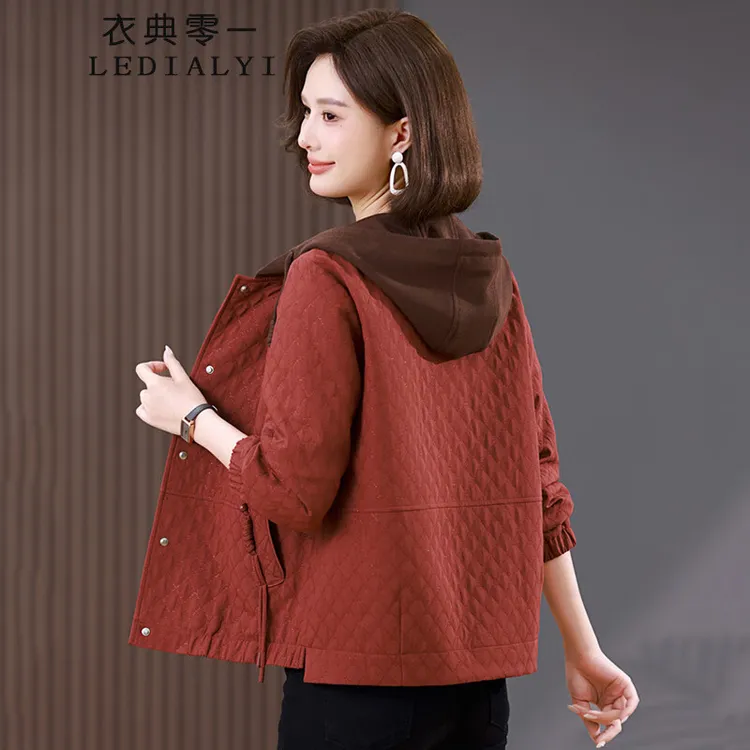 短款连帽外套女春秋2025年新款时尚宽松大码中年妈妈休闲撞色上衣