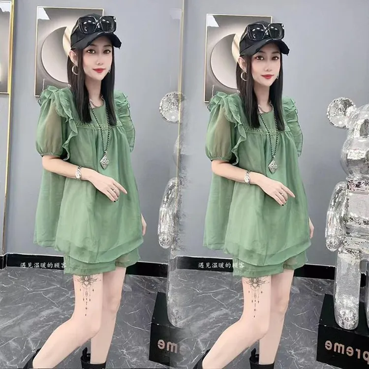 MmMm时尚套装女2025夏季新款法式洋气高级感减龄荷叶边短袖上衣