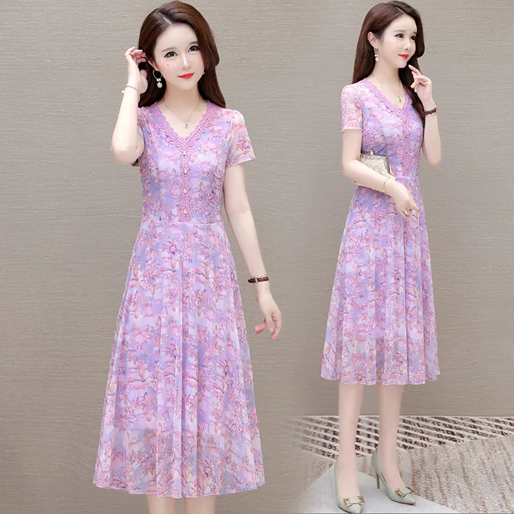 【工厂直销】台湾纱连衣裙短袖夏季新款遮肚修身中年妈妈装印花裙子