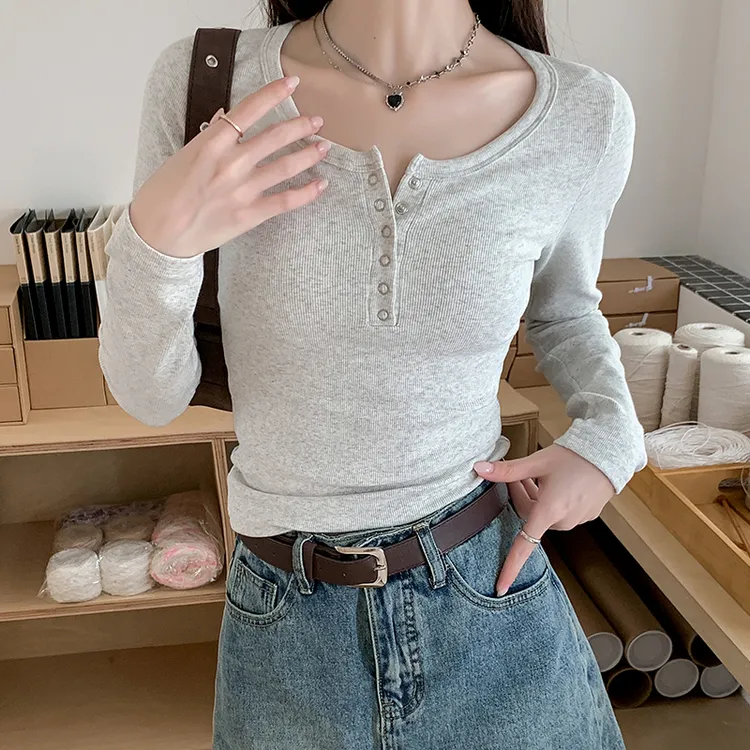 戈缕螺纹纽扣长袖T恤女2024新款修身显瘦打底衫内搭外穿百搭上衣