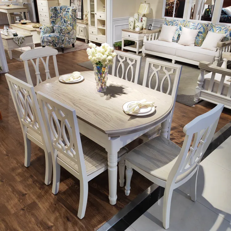美式纯实木餐桌椅组合长方形折叠圆桌椭圆形跳台饭桌地中海白色