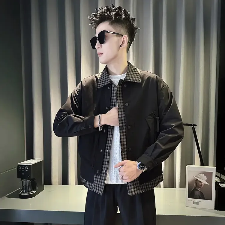 格子假两件外套男士痞帅高级感潮牌春秋2024新款设计感夹克衣服男