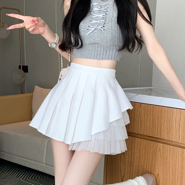 拼接网纱百褶裙女夏高级感辣妹小众小个子短裙高腰显瘦a字半身裙
