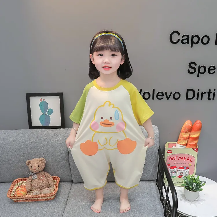 儿童夏季薄款睡袋1-6岁女童空调服连体衣宝宝家居服短袖女孩睡衣
