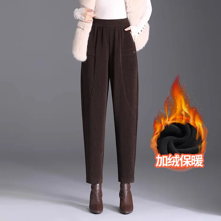 加绒灯芯绒小脚哈伦裤女九分萝卜裤秋冬新款高腰时尚妈妈裤休闲裤