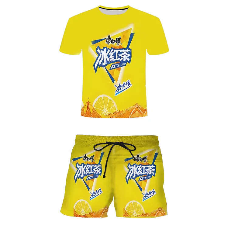  夏季款创意趣味冰红茶劲凉套装 3D印花ins 潮流男女搞怪休闲套装