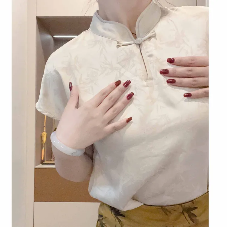 立领包袖无袖雪纺衫女新款女装提花缎面国风衬衫复古盘扣无袖上衣