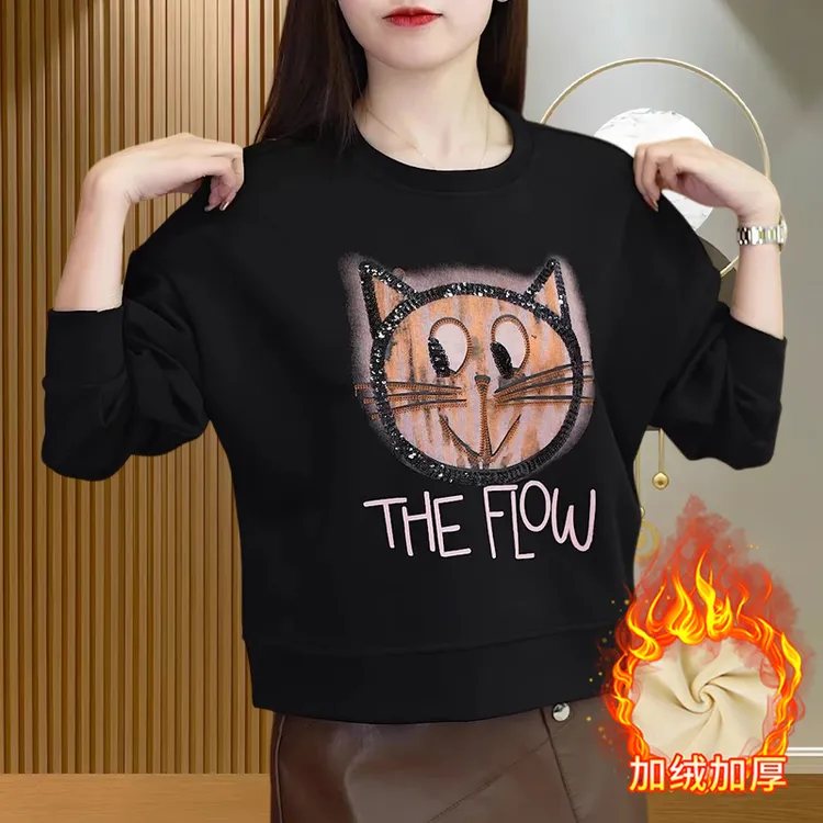 加绒保暖时尚卫衣女2024秋冬季洋气减龄猫头贴布刺绣长袖显瘦上衣