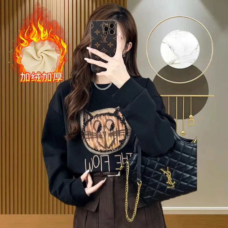 秋冬季2024新款重工刺绣贴布休闲长袖加绒加厚华棉超柔内里卫衣女