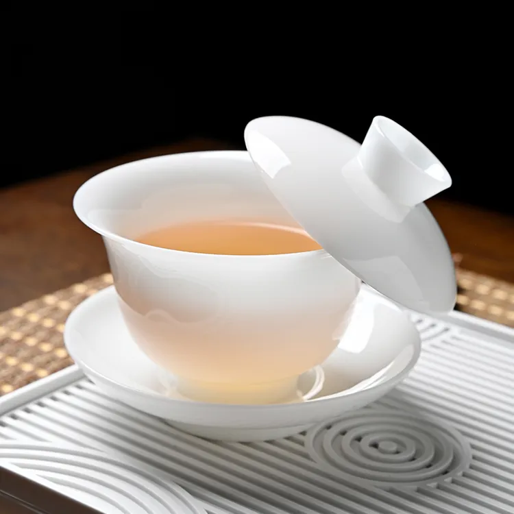顾竹高端冰种三才盖碗可以悬停挂盖功夫茶泡茶器德化白瓷茶碗茶具