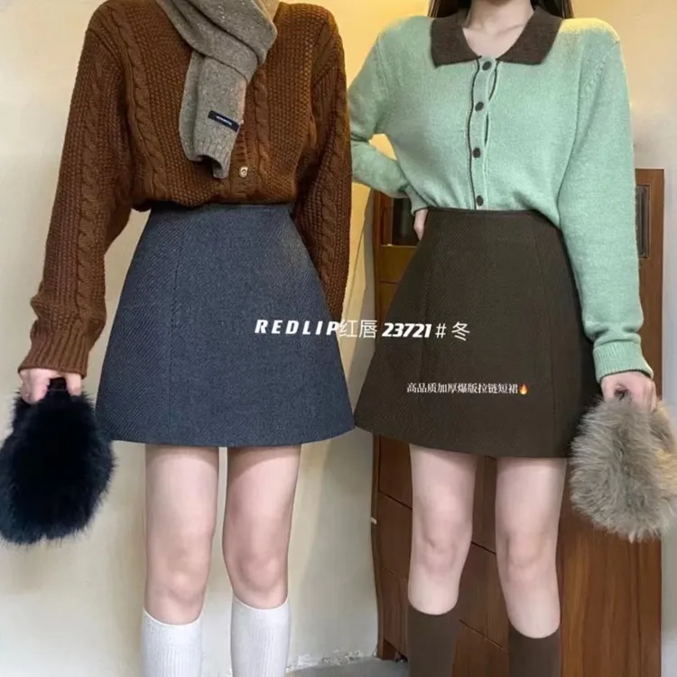 秋冬高腰毛呢百褶裙后拉链设计防走光A字短裙时尚百搭加厚显瘦