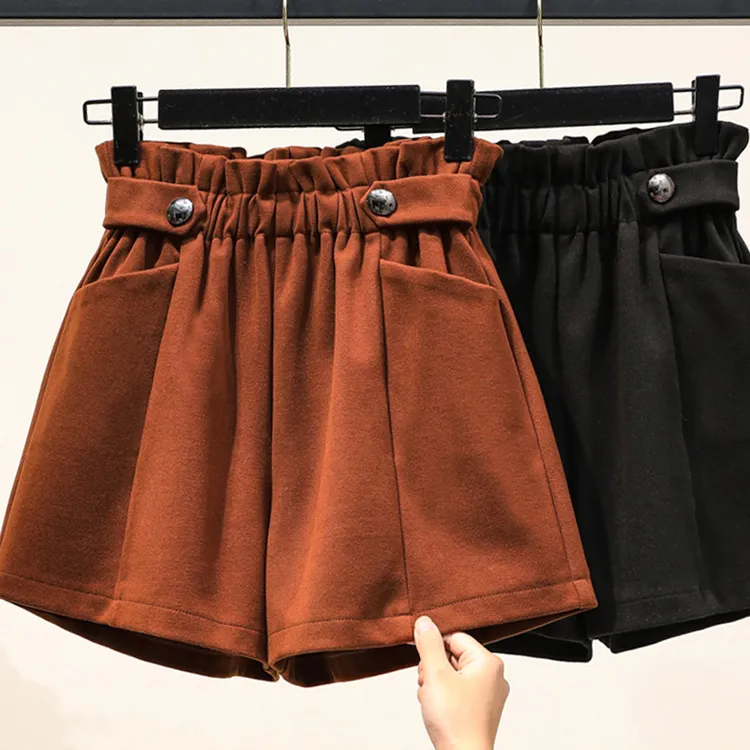 毛呢短裤女秋冬韩版高腰显瘦大码百搭A字阔腿裤休闲时尚靴裤外穿