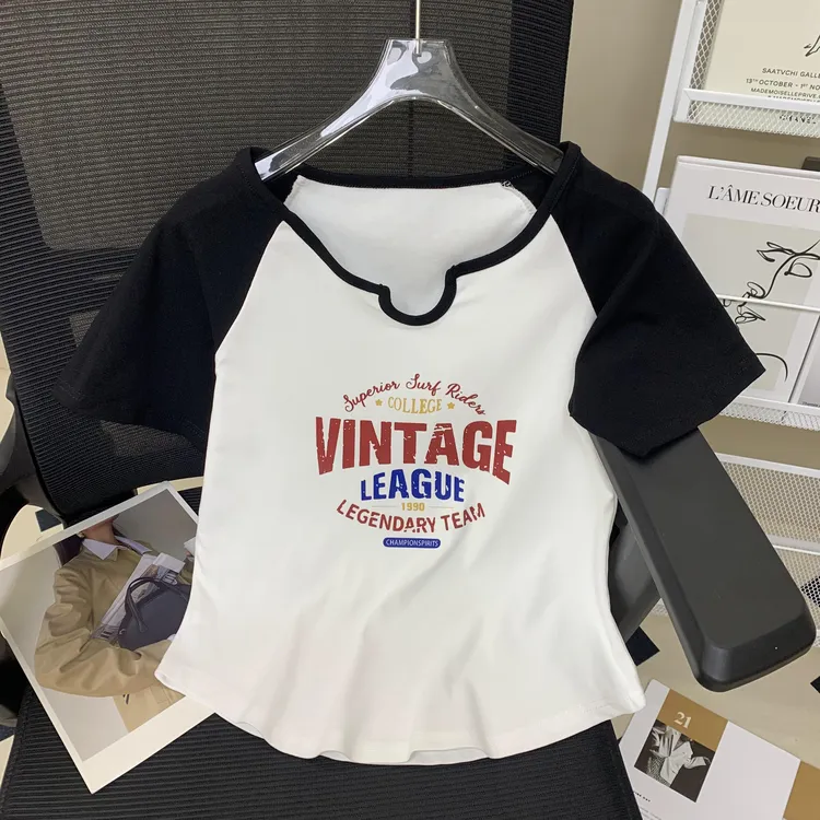 撞色拼接短袖t恤女夏季韩版v领百搭插肩袖上衣显瘦洋气时尚设计感