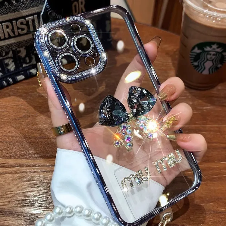 水钻边框苹果16promax立体蝴蝶结手机壳iPhone15电镀边14保护壳13