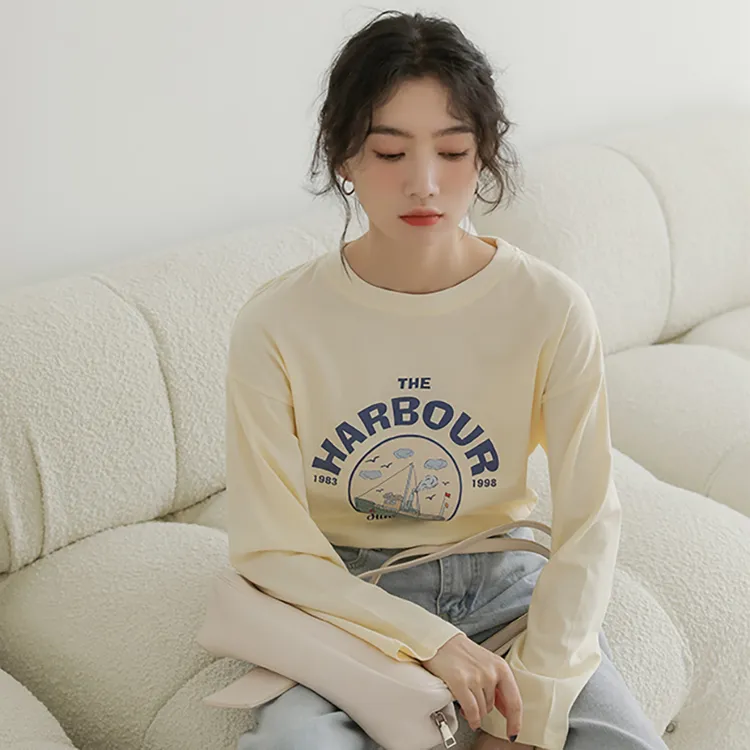 CX108-HAR帆船#纯棉高质量  后包边印花长袖t恤上衣外穿打底衫潮