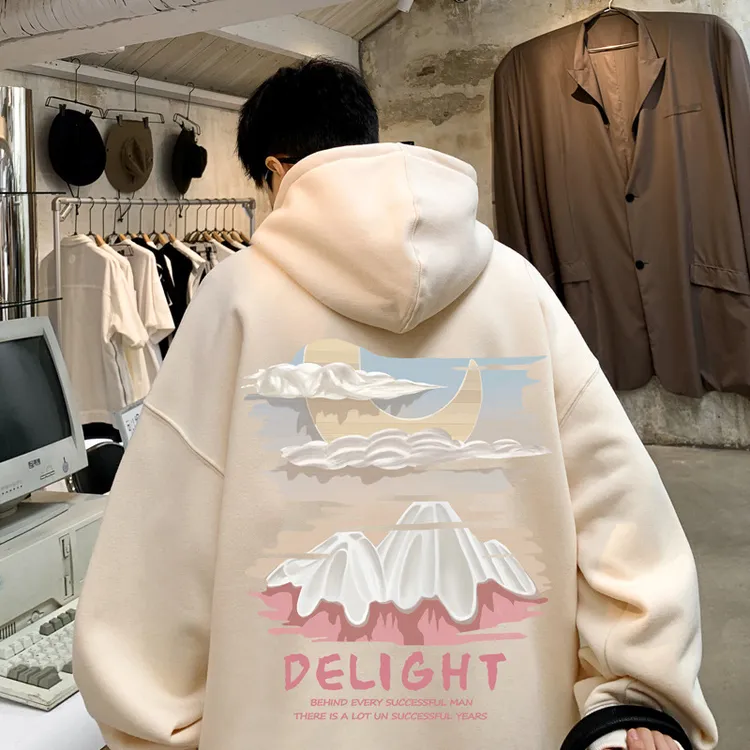 杏色oversize卫衣男春秋季美式复古潮牌加绒印花宽松连帽情侣外套