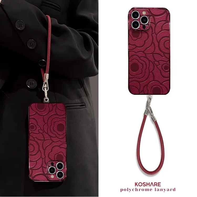 皮质山茶花适用苹果16promax手机壳酒红色iPhone15pro轻奢14plus