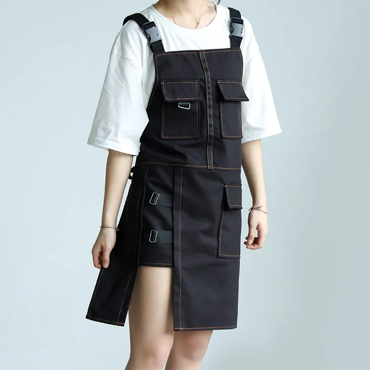 网红牛仔美发围裙男女奶茶店理发师园艺餐厅服务员工作服印logo  