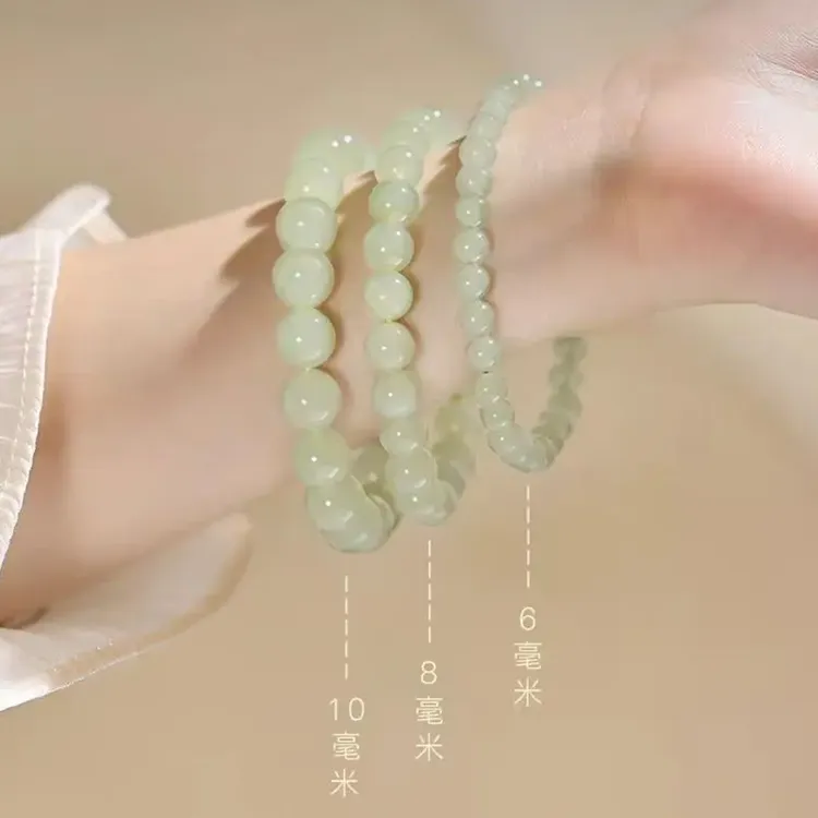 晴水料天然和田玉圆珠手串素圈可叠带清新百搭款单圈玉石手饰