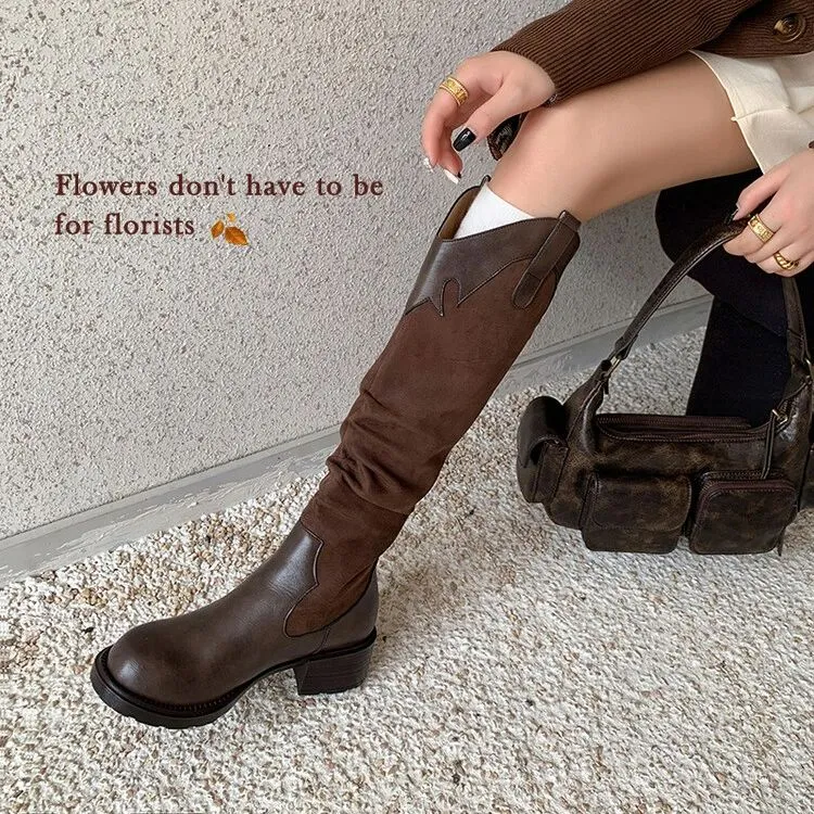 （牛皮/5厘米）小众复古拼接V口不过膝长筒靴圆头粗跟皱皱女靴