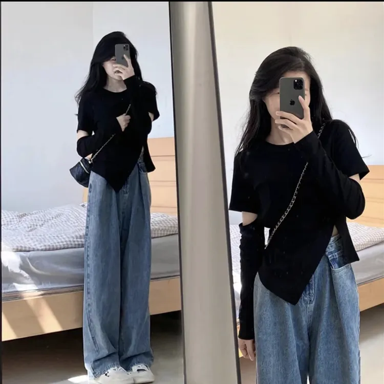 棉正肩不规则镂空长袖T恤女早秋设计感小众学生开叉收腰上衣ins潮
