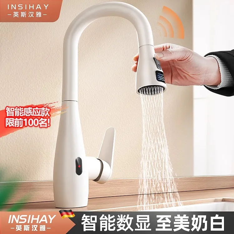 德国厨房水龙头洗菜盆抽拉式白色冷热防溅水伸缩旋转洗菜池洗衣柜