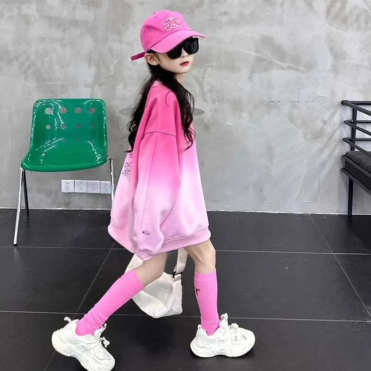 女童渐变色卫衣2025春秋新款中大童宽松慵懒风扎染上衣春装潮款