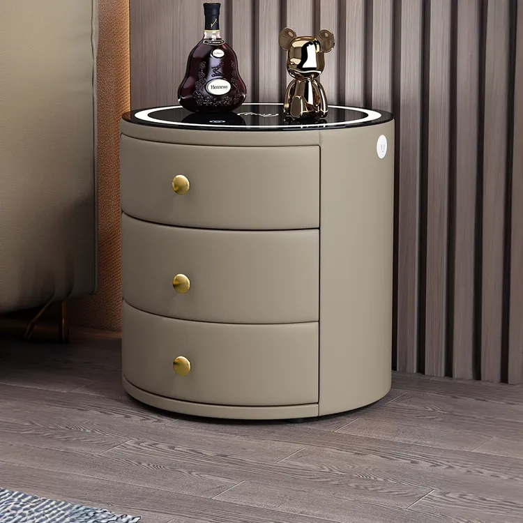 主卧床头柜圆形实木皮质现代轻奢卧室床边柜无线充电多功能储物柜