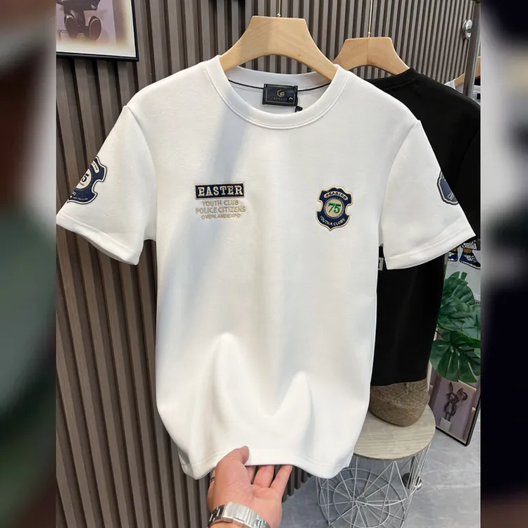 景君澜轻奢夏季新款男装短袖体恤圆领百搭休闲贴标刺绣字母半袖男