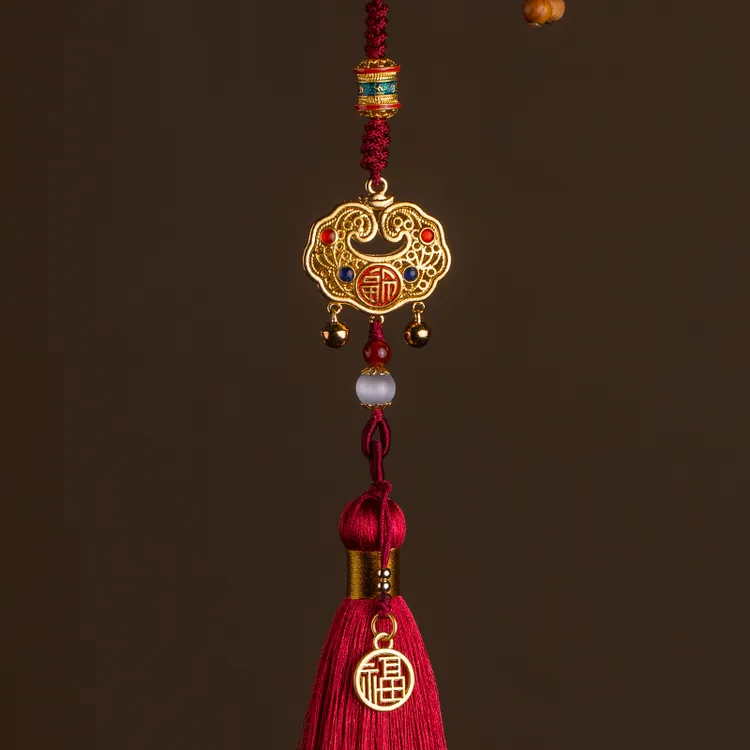 汽车挂件车内吊饰平安锁铜古法金红色车装后视镜装饰女手工