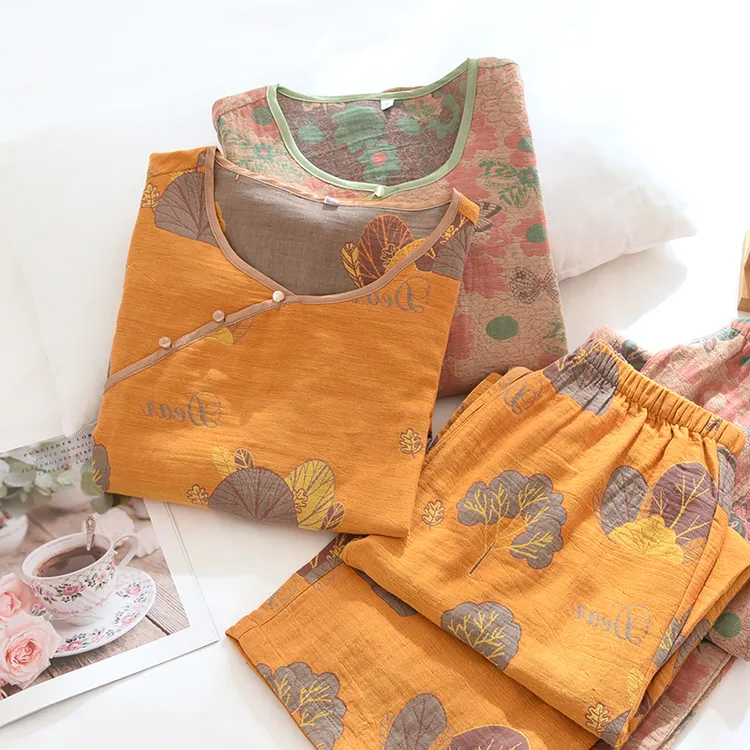 春夏秋薄款纯棉色织棉纱布套头新中式盘扣古风长袖家居服春秋套女