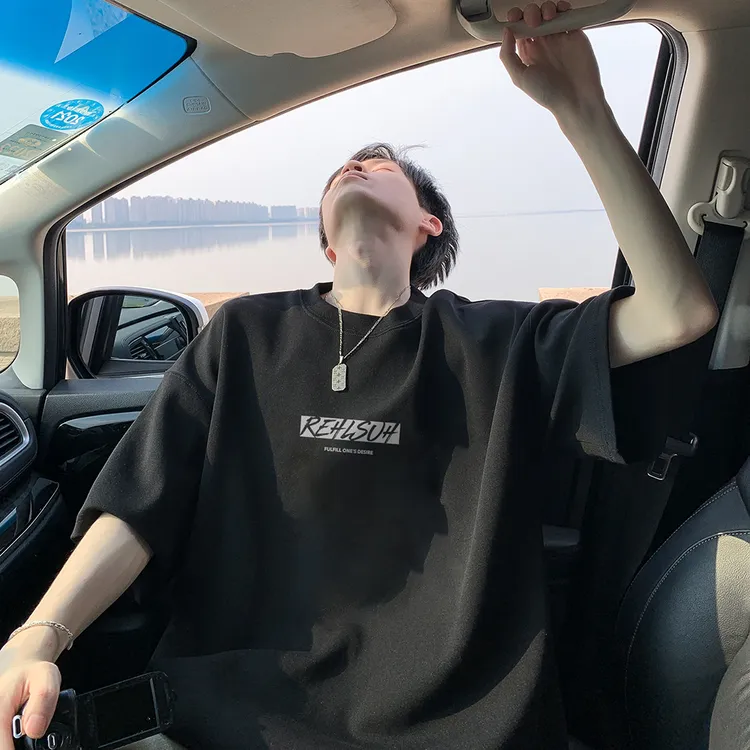 美式复古短袖t恤男夏季2024新款字母印花短袖青少年宽松圆领半袖