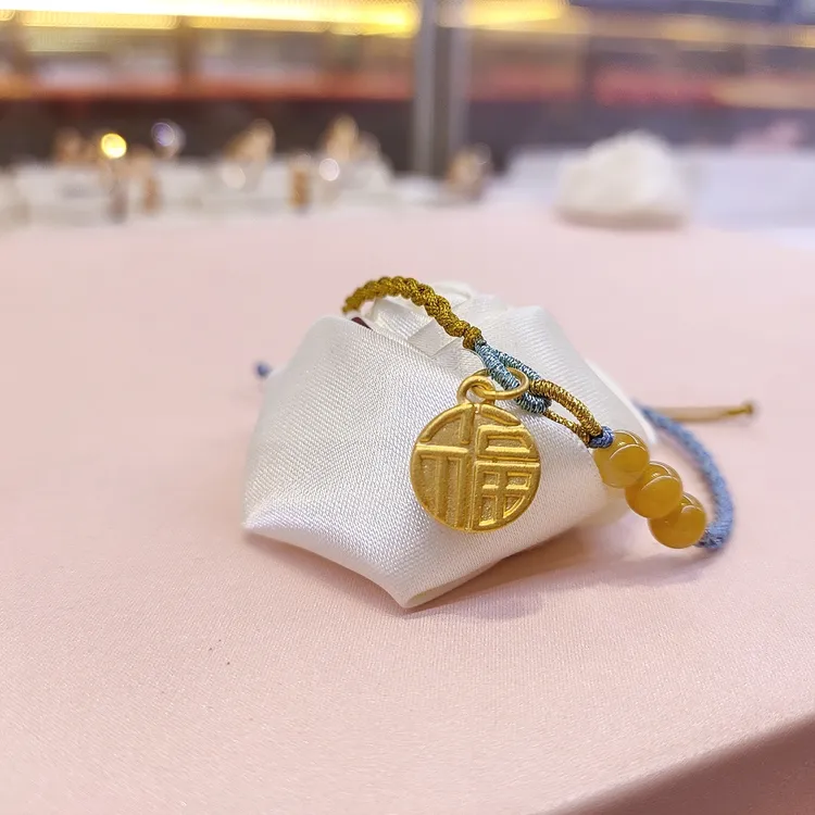 999黄金3D福牌吊坠手工编织搭配玉珠撞色经典款手链百搭款