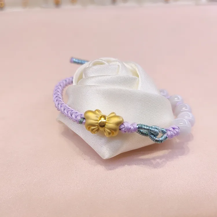 999足金，蝴蝶结手工编织玉珠半手链，3D工艺，唯美风