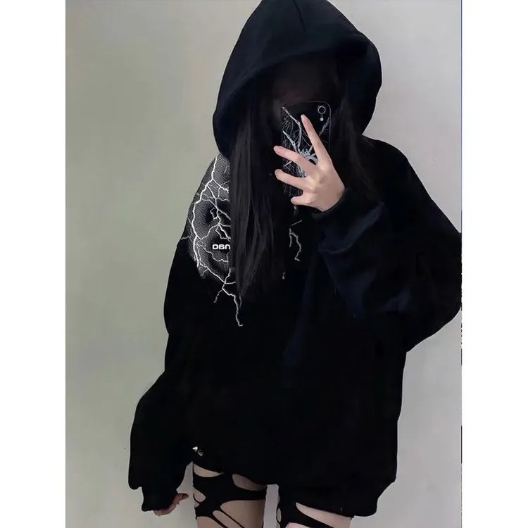 美式炸街重磅创意设计闪电连帽卫衣女男加绒加厚春秋冬季潮牌外套