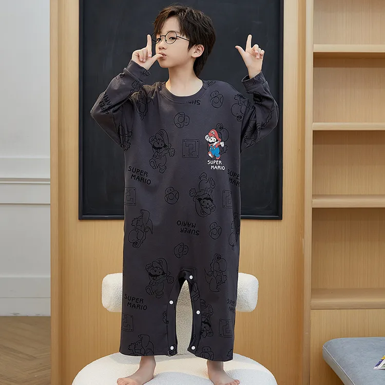 儿童家居服春秋季长袖100%纯棉薄款男孩割包皮术后衣服大码宽松款