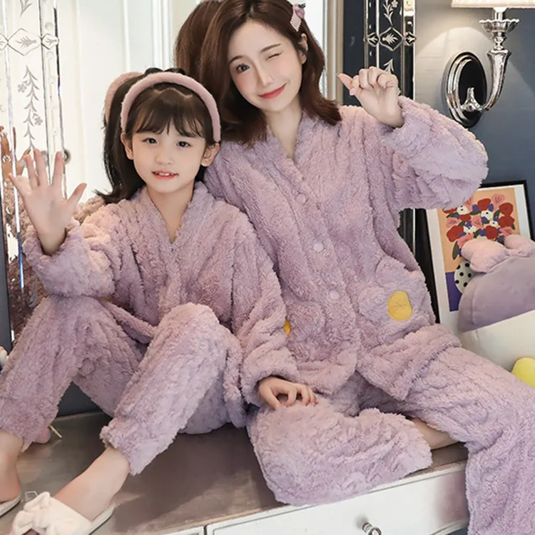 母女装儿童睡衣秋冬加绒法兰绒新款女童珊瑚绒女孩冬季加厚家居服