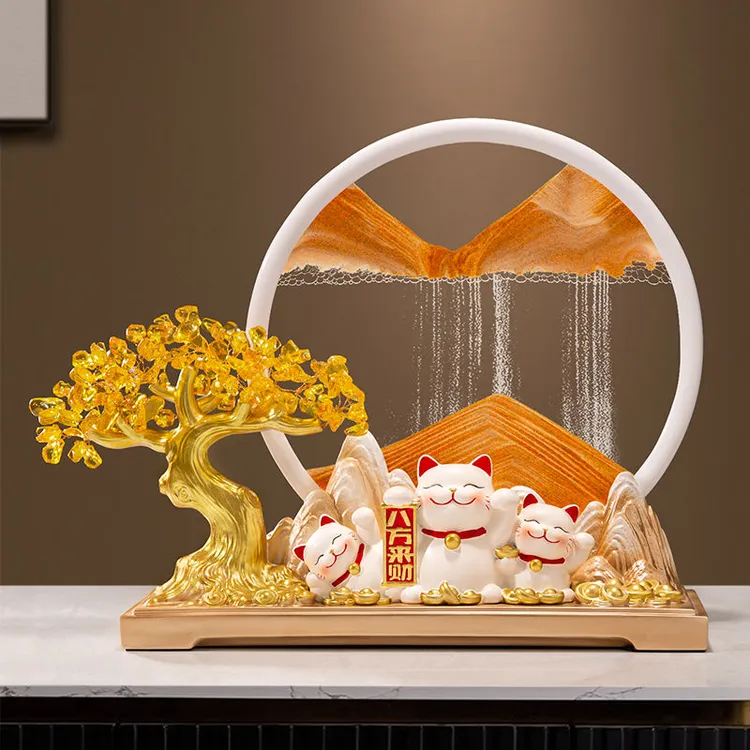 发财树招财猫流沙画摆件办公室客厅酒柜装饰乔迁新居开业礼物大吉