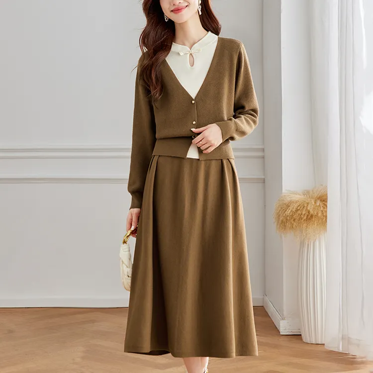 撞色立领假两件毛衣时髦气质针织裙子两件套装2024新款秋冬上衣女