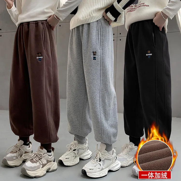 女童一体加绒加厚运动裤2024冬季新款中大童女孩卫裤宽松束脚长裤