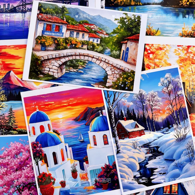 色彩风景油画创意明信片30张水粉儿童色彩美术卡片手绘临摹入门A5