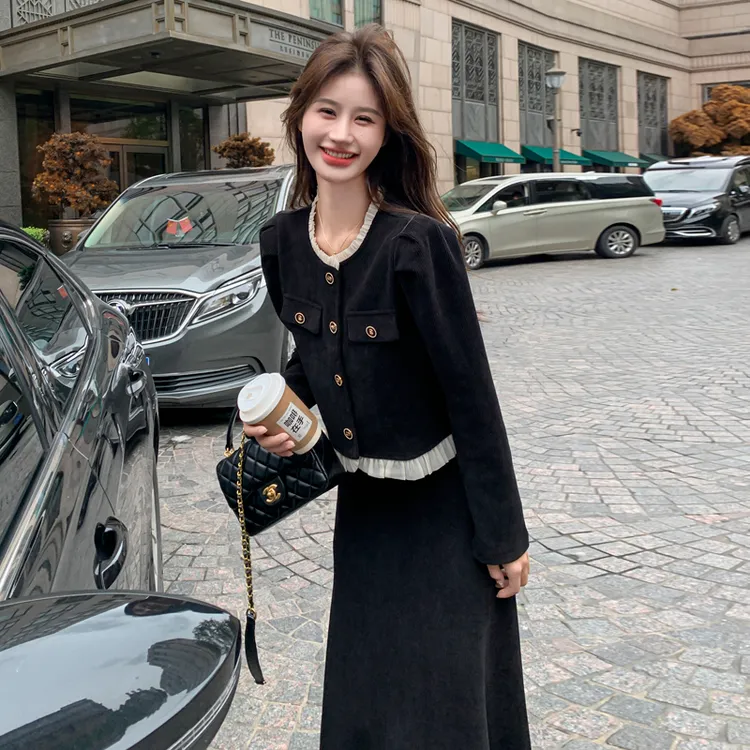 撞色拼接小香风外套半身裙套装女秋季新款2025高级感气质两件套装