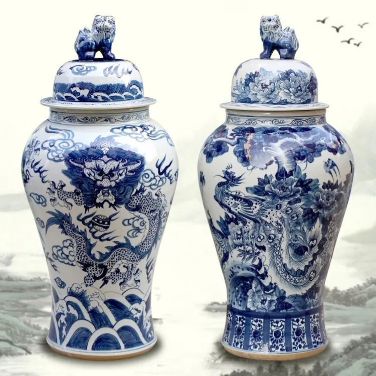 景德镇陶瓷青花瓷龙凤将军罐储物罐大花瓶家居客厅摆件装饰品摆设