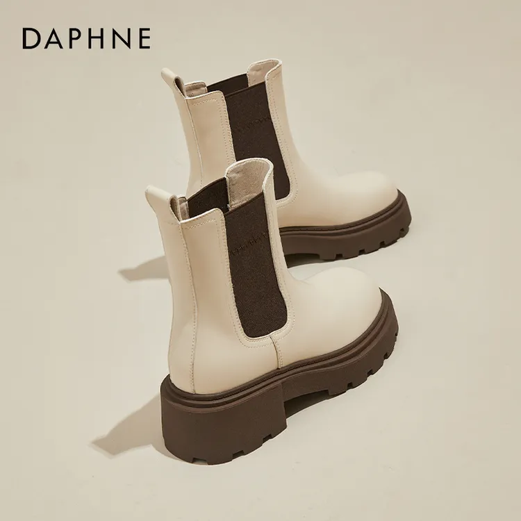 达芙妮切尔西短靴女2023新款厚底中筒烟筒靴加绒套筒英伦马丁靴女