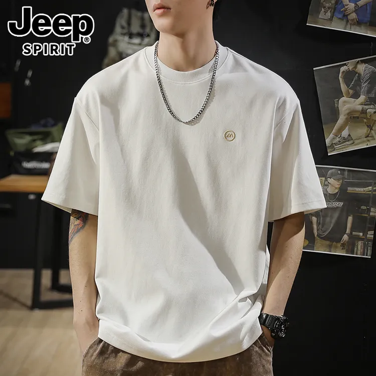 JEEP SPIRIT美式潮牌t恤男士夏季重磅短袖纯色百搭休闲圆领T恤男