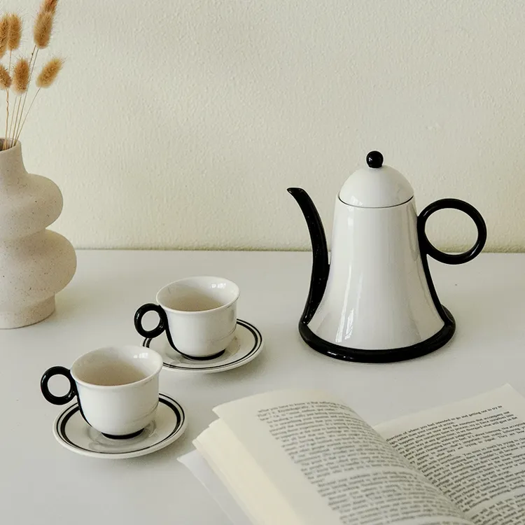 中古风陶瓷黑白赛娜水具下午茶茶壶杯碟茶具咖啡杯碟冷水壶摆件