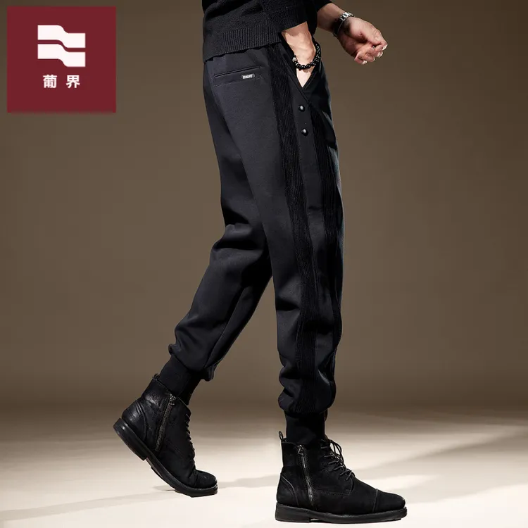 高端美式运动休闲卫裤男士宽松束脚秋冬新款弹力灯芯绒拼接裤子男