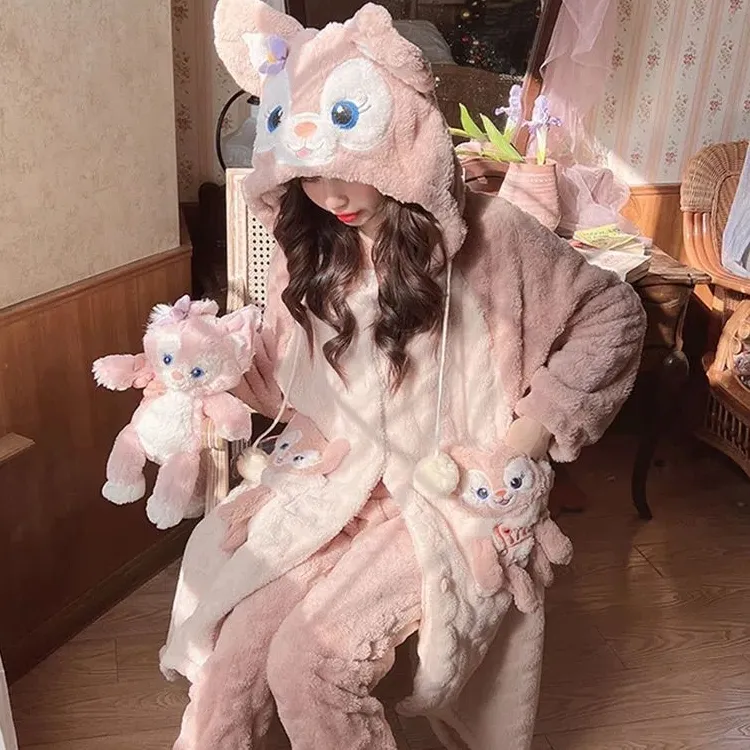 玲娜贝儿珊瑚绒睡衣女秋冬季款加绒加厚法兰绒长款睡袍家居服套装