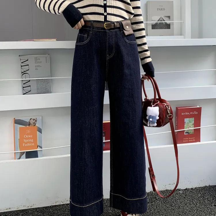 秋季新款深蓝色加绒直筒牛仔裤女大码胖mm梨形身材显瘦宽松阔腿裤